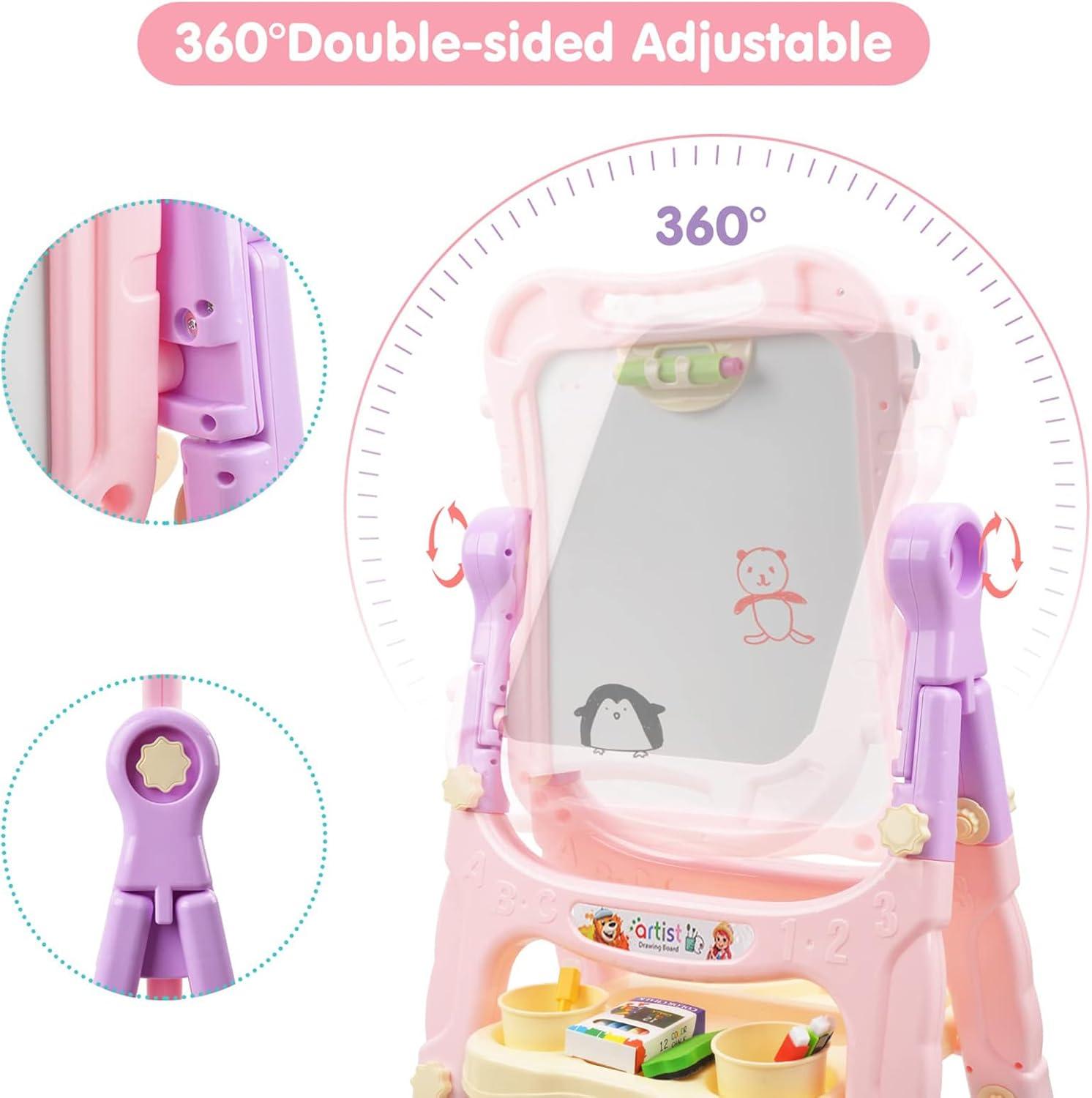 Easel for Kids, Adjustable Standing Art Easel for Toddler, Double Magnetic Drawing Board with Painting Accessories, Birthday Christmas Gift for Little Boys and Girls,  Pink