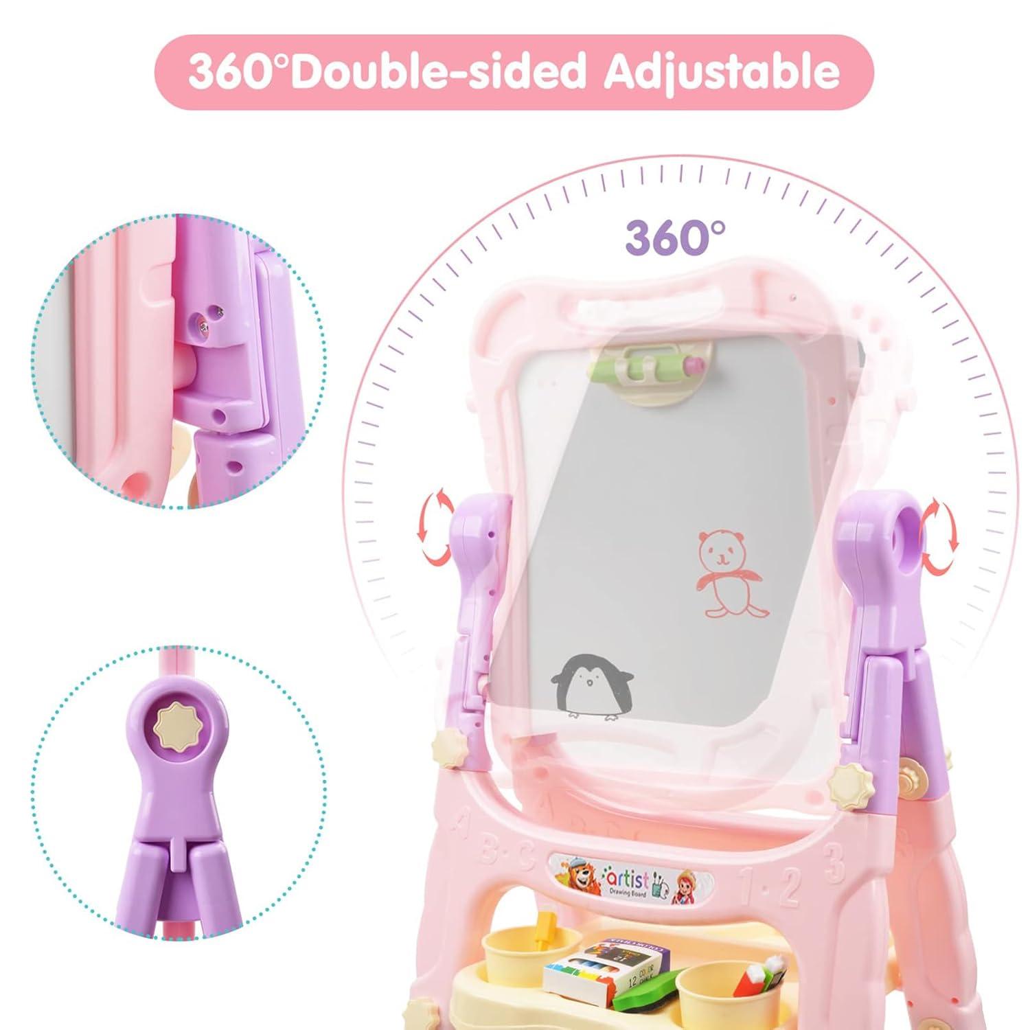 Easel for Kids, Adjustable Standing Art Easel for Toddler, Double Magnetic Drawing Board with Painting Accessories, Birthday Christmas Gift for Little Boys and Girls,  Pink