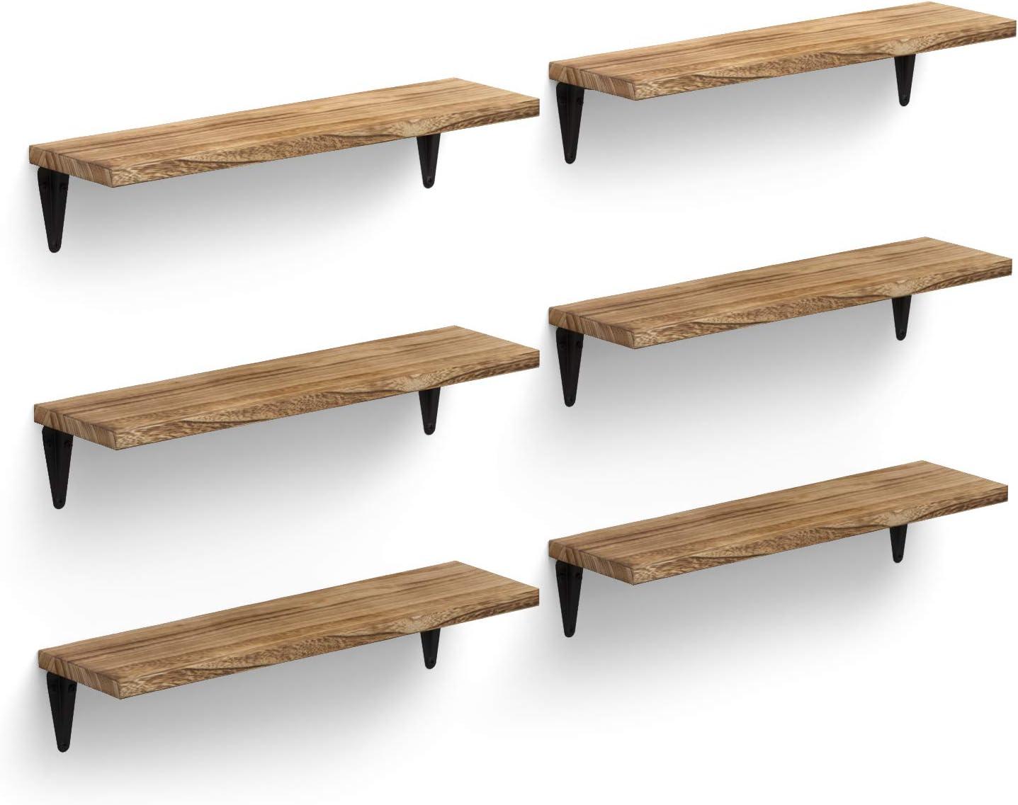 Set of 6 Burned Wood Floating Wall Shelves