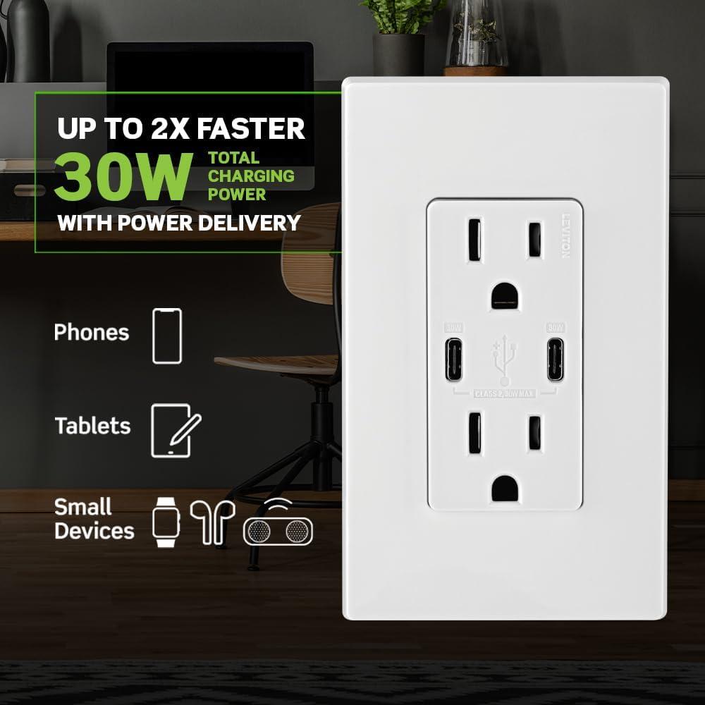 Ivory 15A Tamper-Resistant Outlet with Dual USB Type-C Ports