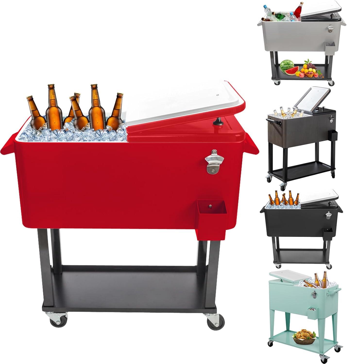 80 Quart Cooler with Wheels, Portable Patio Party Bar Rolling Ice Chest with Shelf, Detachable Drain Pipe and Bottle Opener, Red