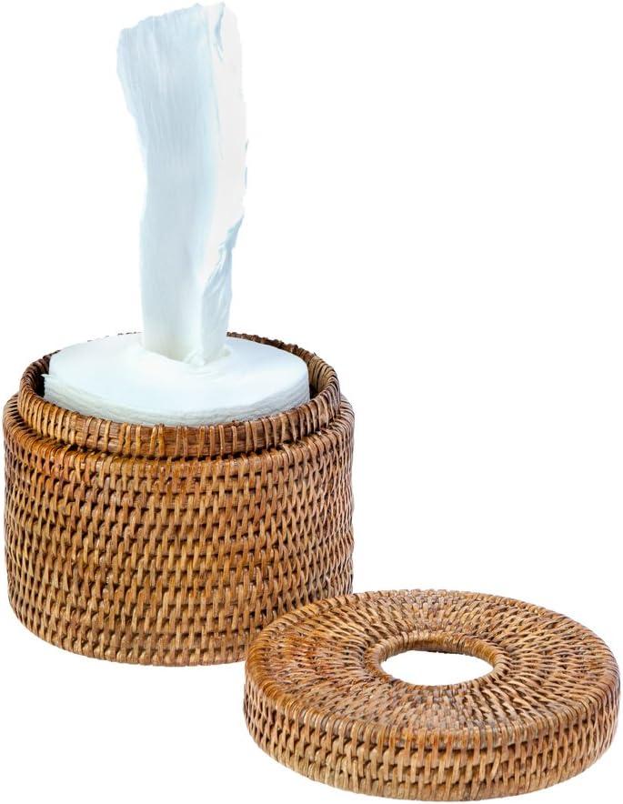 Kouboo La Jolla Handwoven Rattan Toilet Roll Stand, Toilet Paper Cover, Storage Single Roll And Tissues Protector In Bathroom, Round Toilet Holder Basket, Honey Brown