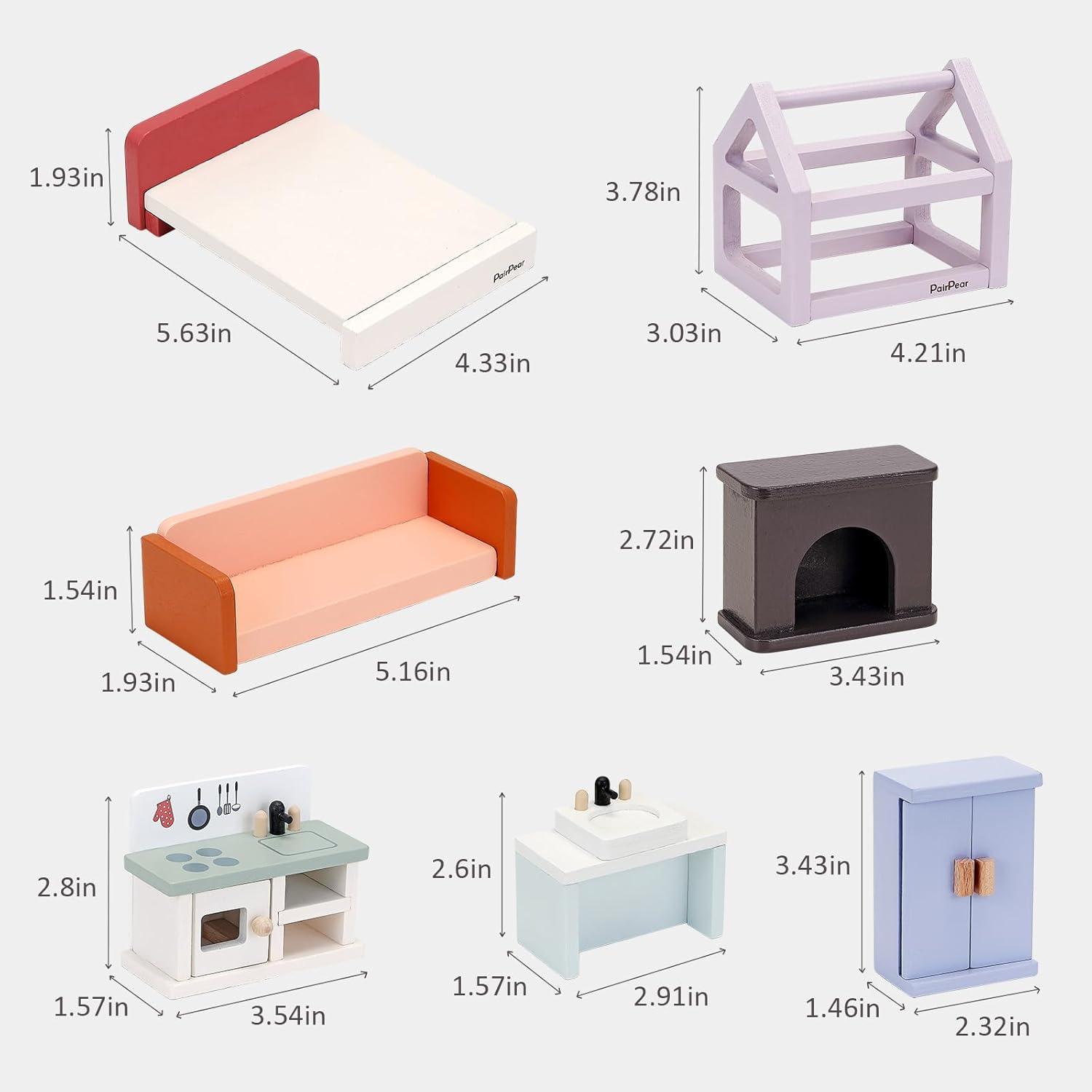 PairPear Wooden Dollhouse Furniture Set,56 Pieces Doll Furnitures with 5 Room Kits Play Fingers,Doll House Miniature Furniture Pretend Play Toys Gift for Toddler Boys and Girls 3Y+