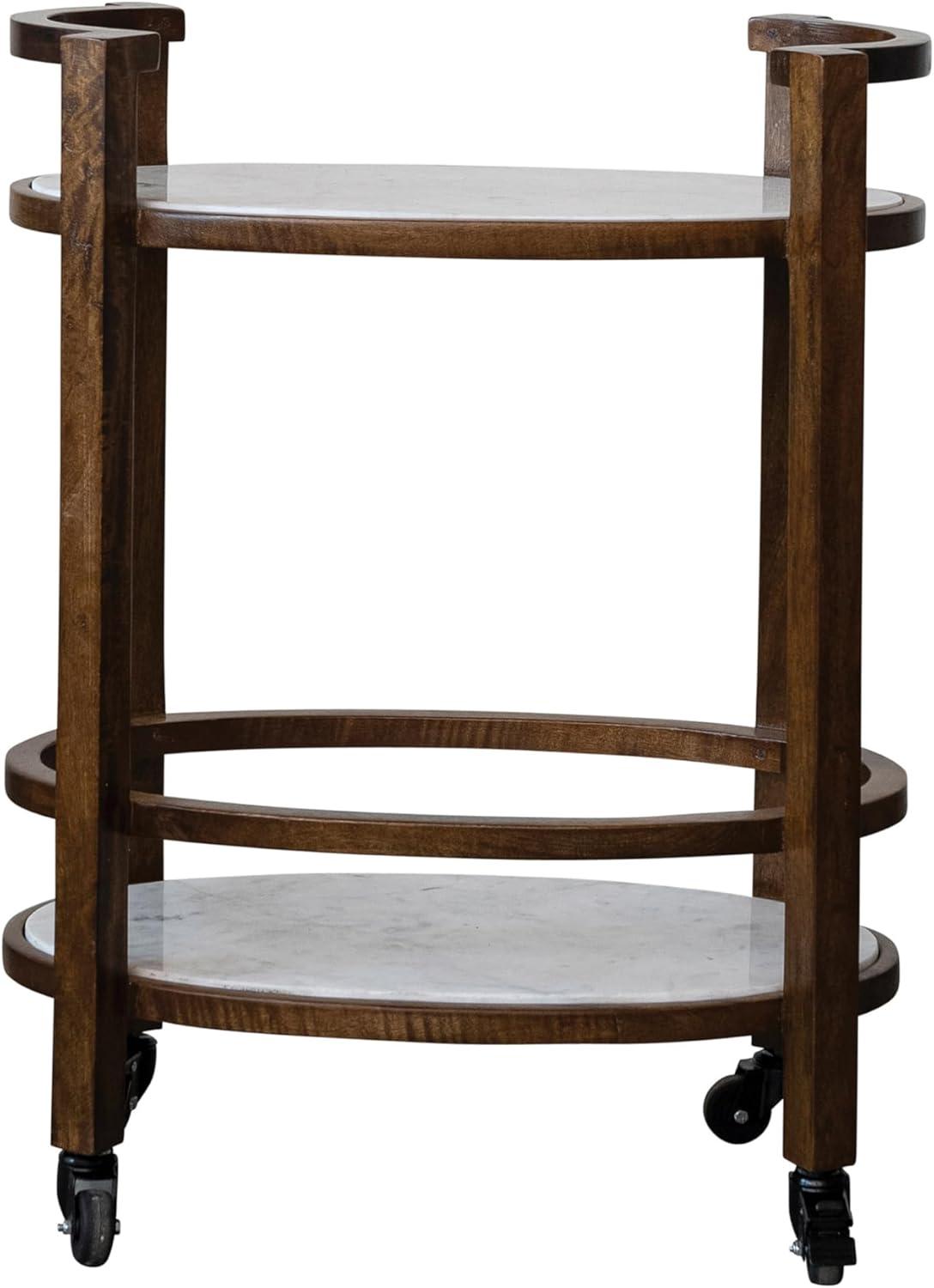 Walnut Finish and White Mango Wood and Marble 2-Tier Bar Cart