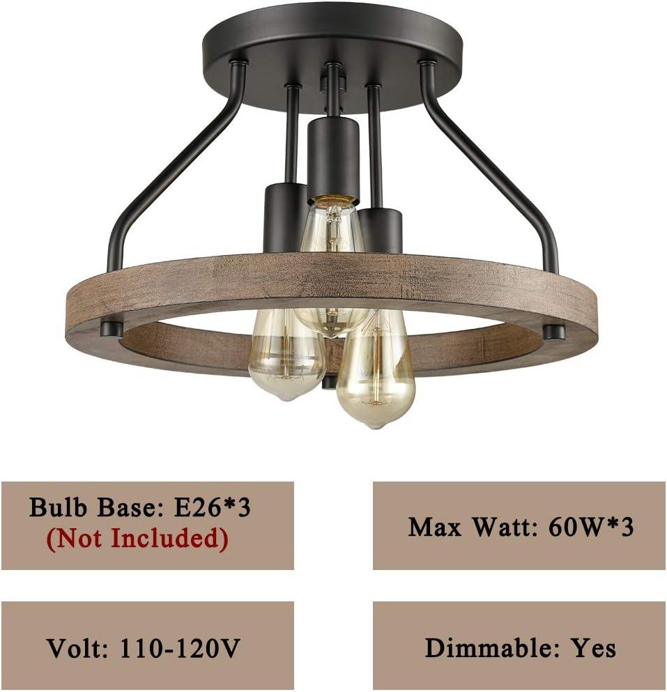 Farmhouse Flush Mount Ceiling Light Black Metal Lighting with Wood Grain Finish