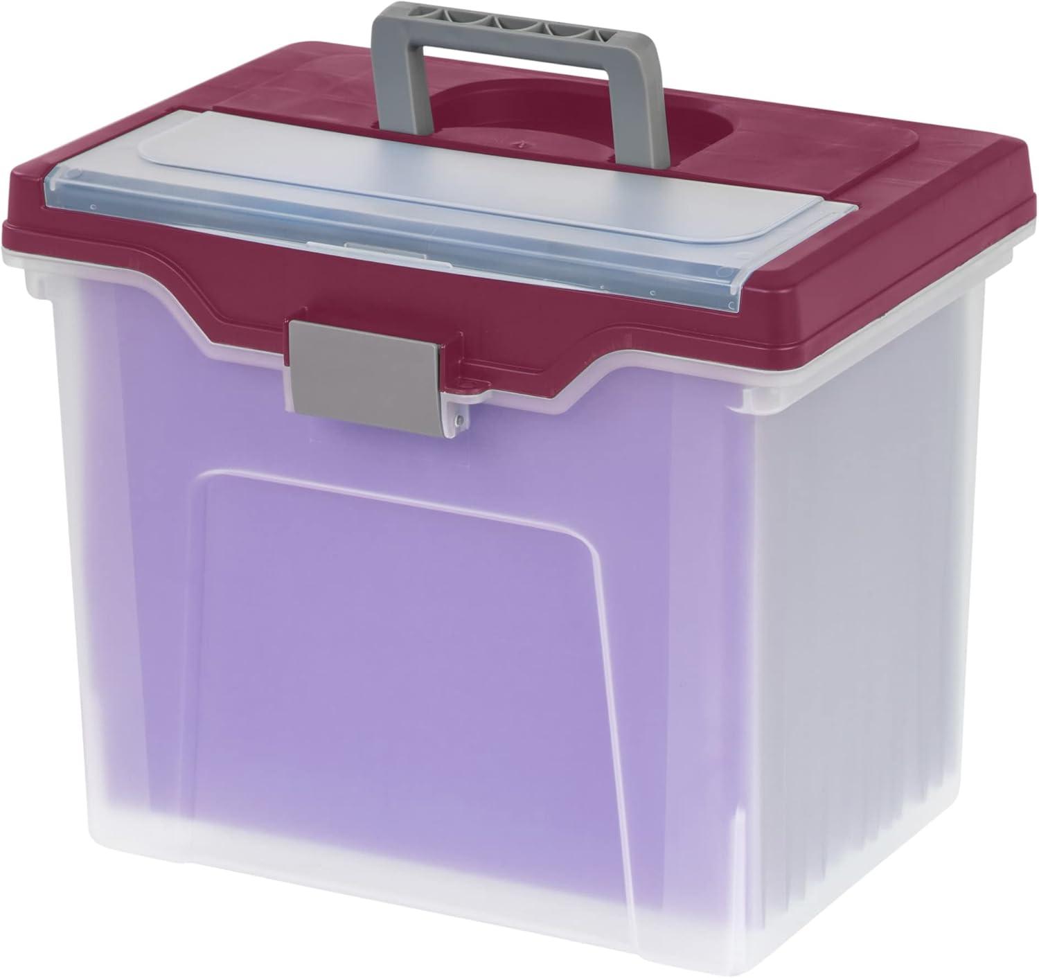 Large Clear and Burgundy Portable File Box with Lockable Buckle