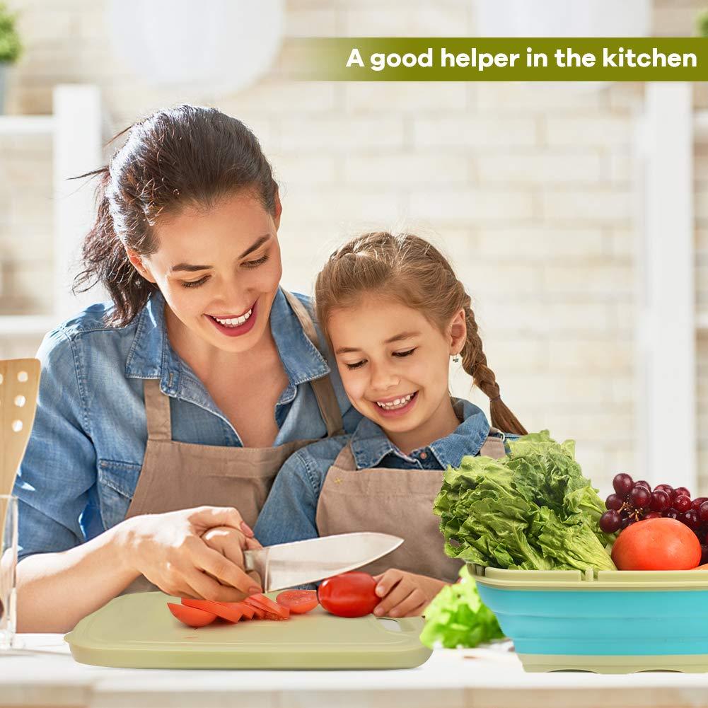 R&M HOME Green Plastic Multi-Functional Folding Cutting Board, 9-in-1 with Grating, Chopping, Slicing, Cutting, and Washing Functions for Vegetables and Fruits, Knife-Safe, Perfect for Kitchen.