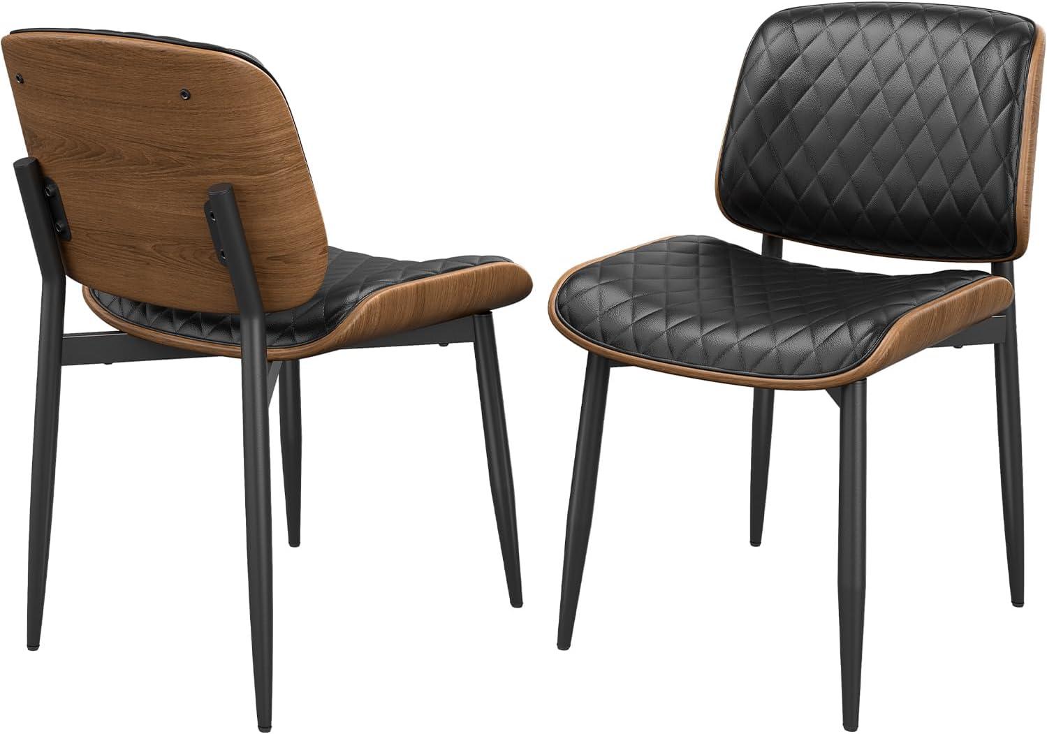 Dining Chairs Set of 2, Mid Century Modern Retro Faux Leather Chair with Walnut Bentwood Back, Upholstered Seat Metal Legs & Adjustable Foot for Kitchen Dining Room Chairs(Black PU)