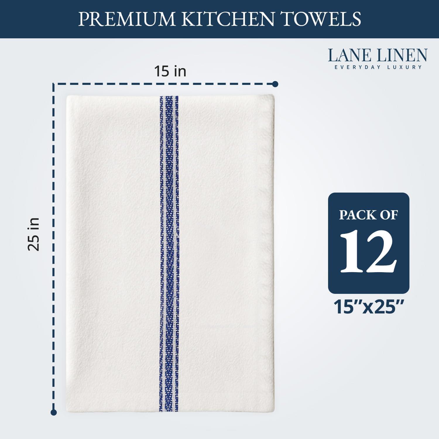Kitchen Towels Set - 100% Pure Cotton Dish Towels for Kitchen, Super Absorbent Kitchen Hand Towel, Soft & Durable Dish Cloths, Pack of 12 – 15”x25”, Blue Stripe