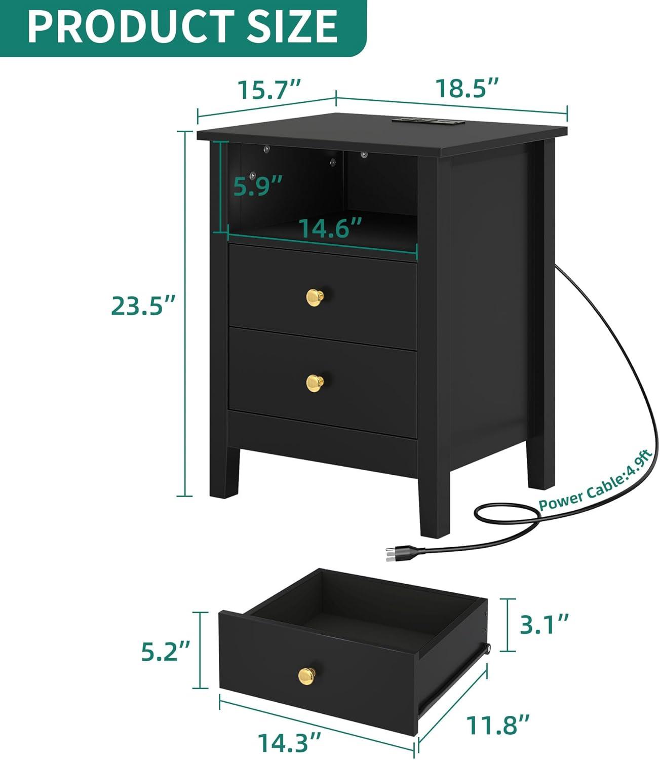 Nightstand with Charging Station, Bedside Table with USB & Type-C Port, Modern End Table with 2 Drawers for Bedroom Furniture, Black