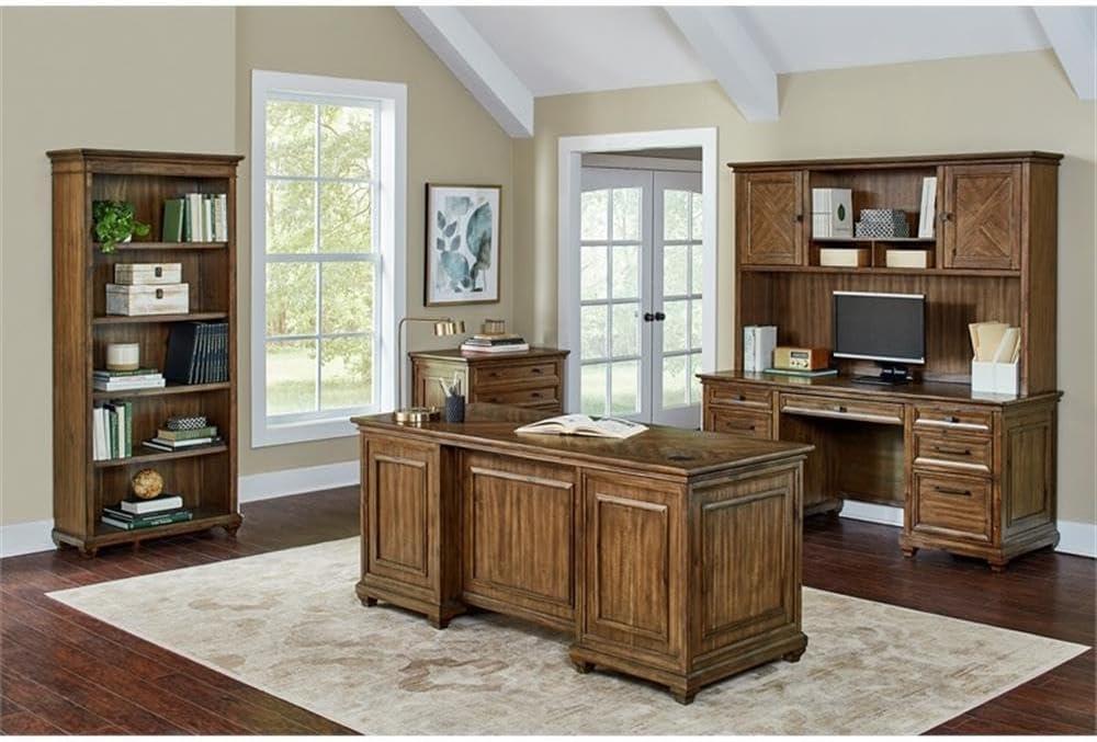 74" Porter Traditional Wood Open Bookcase Brown - Martin Furniture: Vintage Herringbone, No Assembly Required