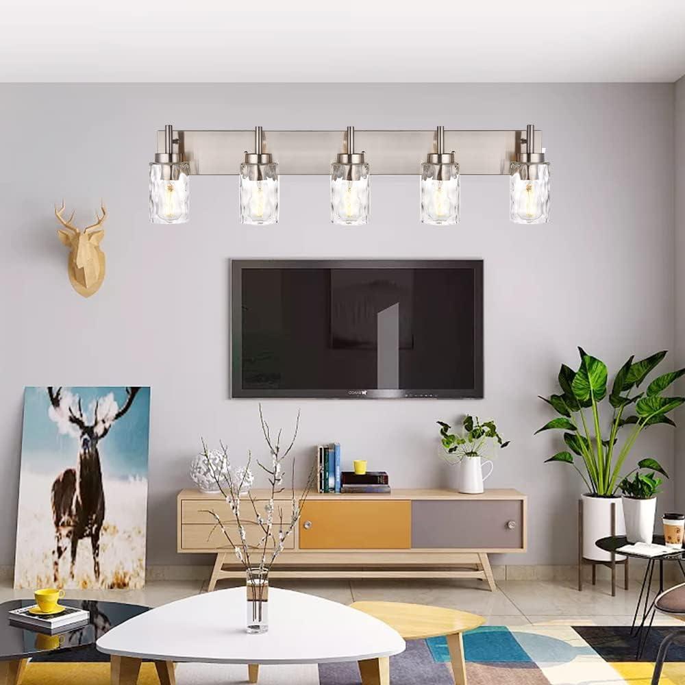 BONLICHT Transitional Vanity Lighting Fixtures Brushed Nickel with Clear Hammered Glass Shade,Farmhouse 5 Light Bathroom Lights Wall Sconces Contemporary Indoor Wall Mount Lights for Kitchen Sink
