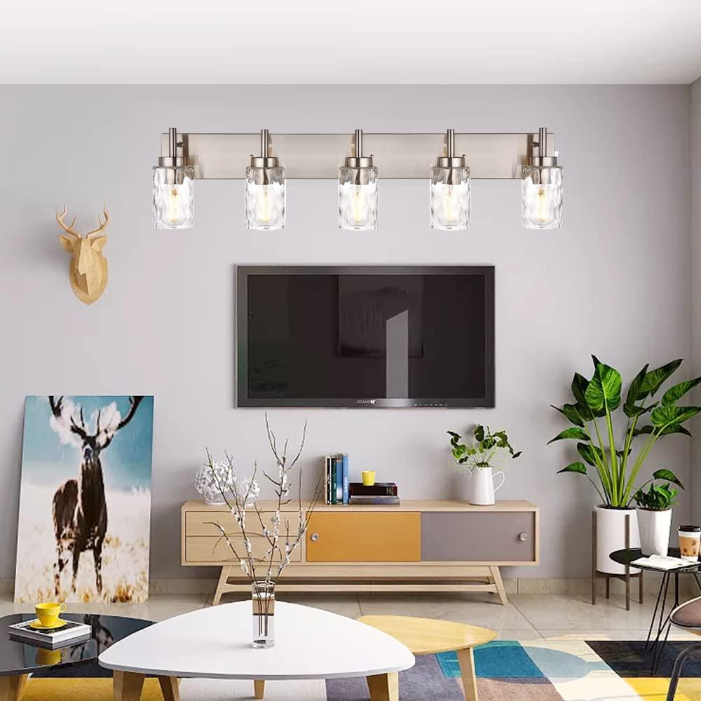 BONLICHT Transitional Vanity Lighting Fixtures Brushed Nickel with Clear Hammered Glass Shade,Farmhouse 5 Light Bathroom Lights Wall Sconces Contemporary Indoor Wall Mount Lights for Kitchen Sink