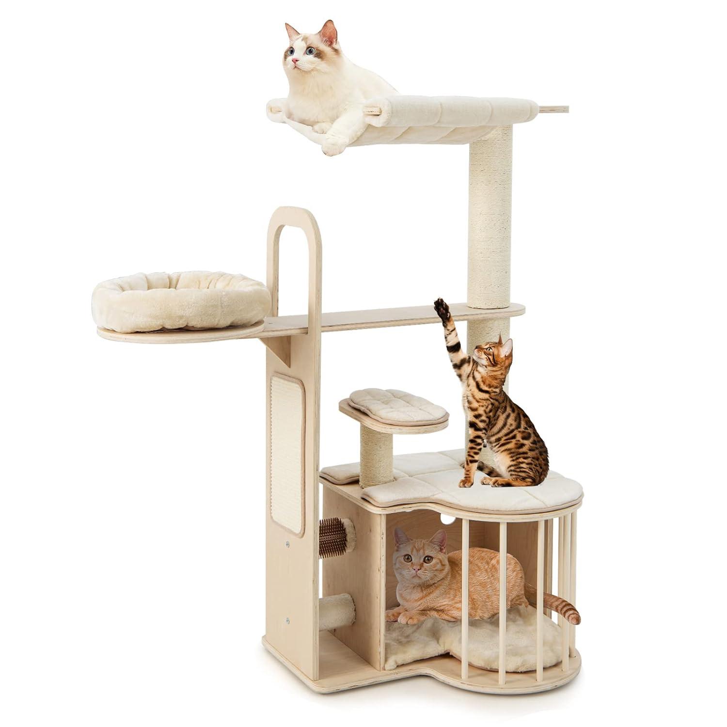 Tangkula Wood Cat Tree for Indoor Cats, 55 Inch Multi-Level Cat Tower Activity Center with Hammock, Cat Condo, Sisal Scratching Posts & Washable Cushions, Modern Cat Tree Houses for Large Cats