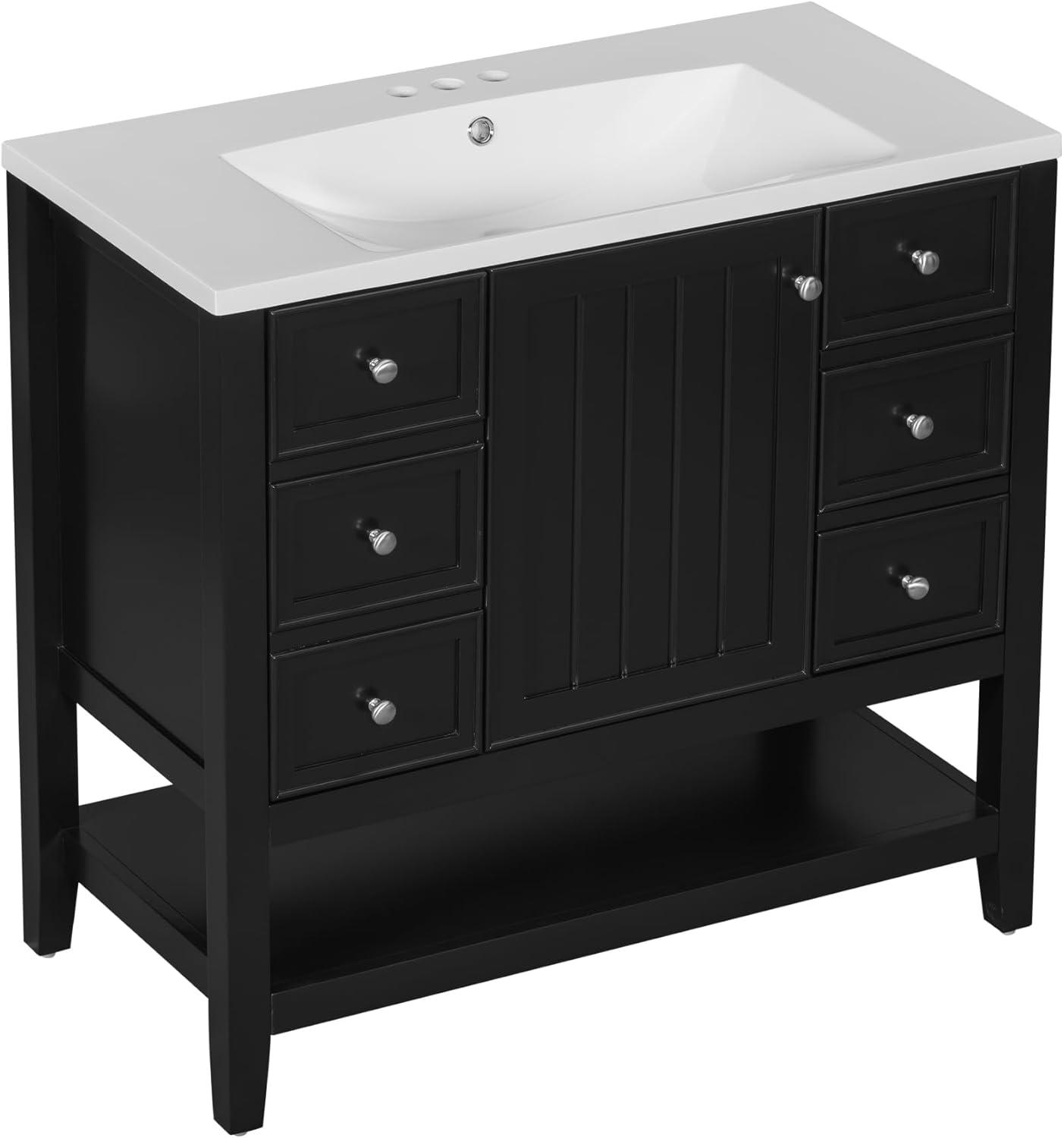 36" Bathroom Cabinet Vanity with Sink Combo, Bathroom Storage Cabinet with 3 Drawers and Two Doors, Solid Wood Frame and MDF Board (Black)