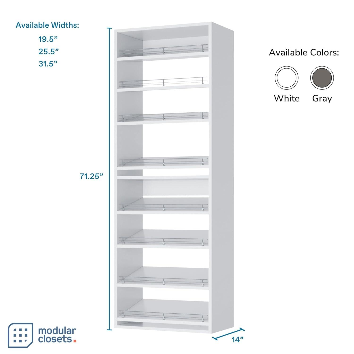 Modular Closets 8 Tiered White Slanted Shoe Shelf Closet Organizer Unit, 19.5"