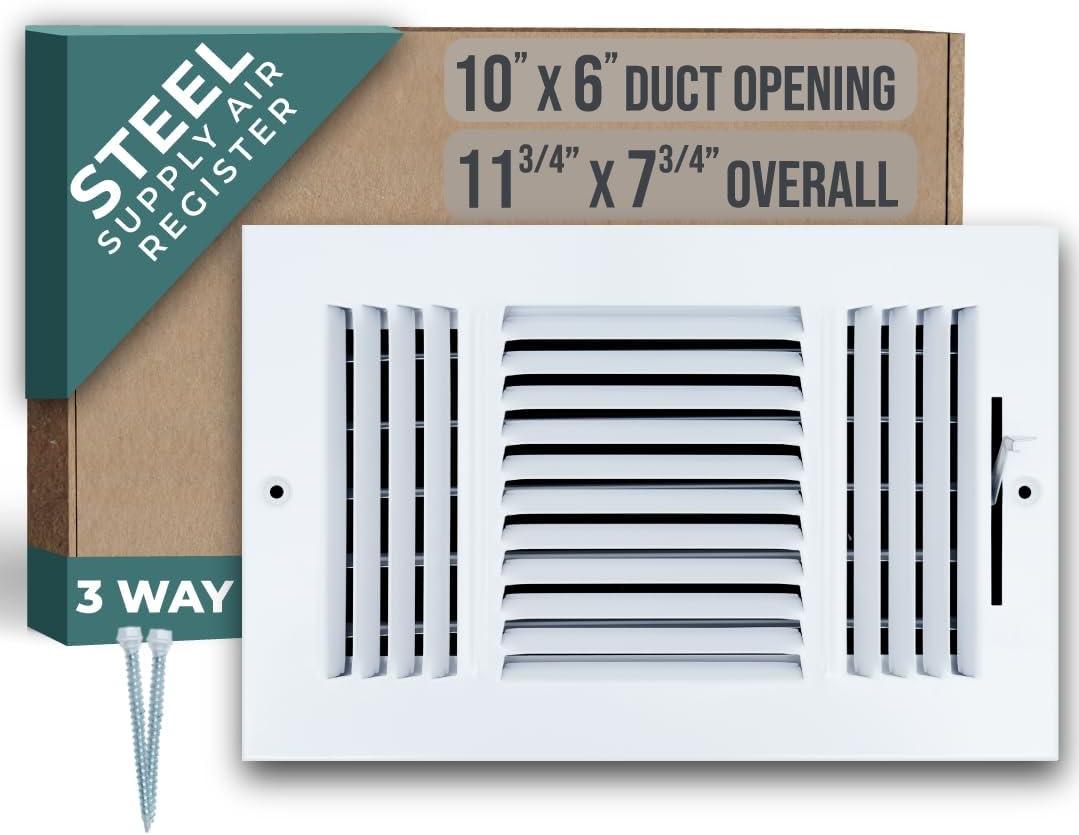 White Steel 10x6 Duct Opening 3-Way Air Supply Register