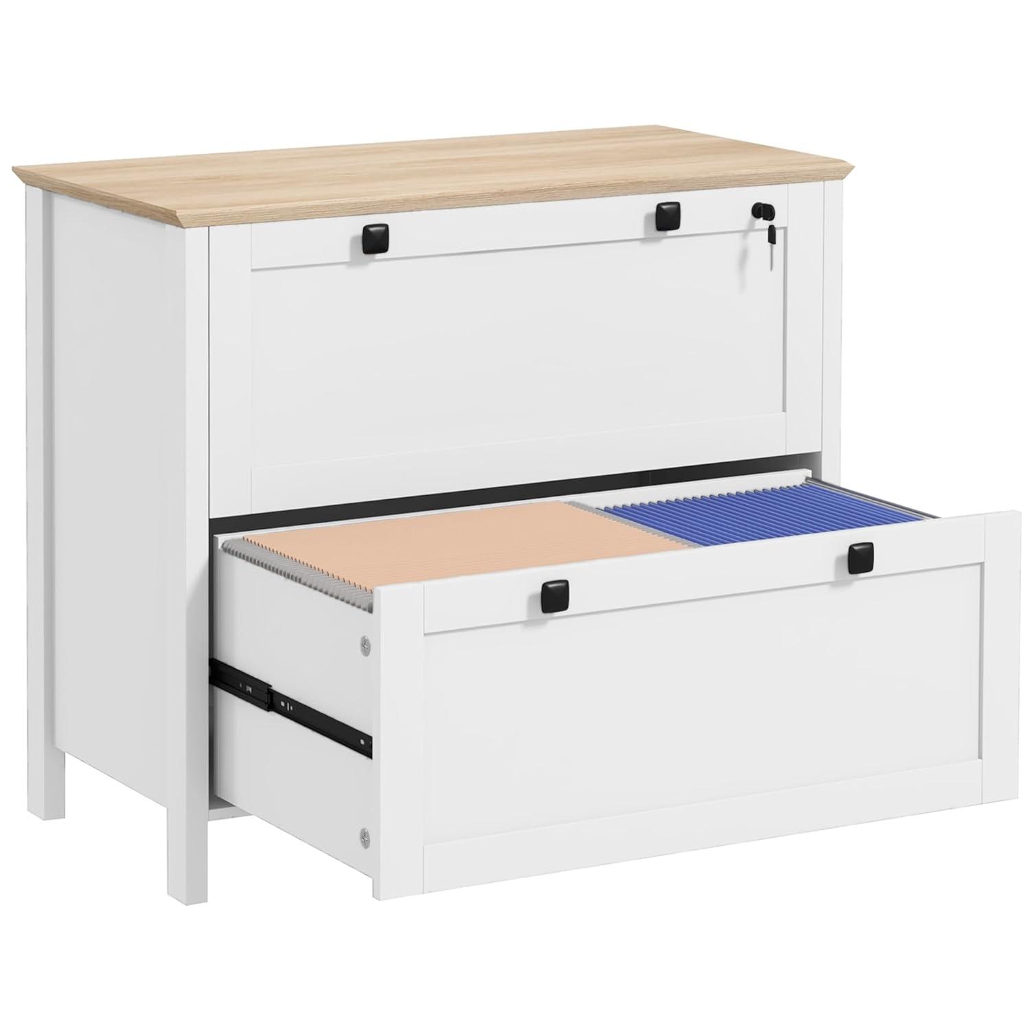 HOMCOM 2 Drawer File Cabinet with Lock, Lateral Filing Cabinet with Keys, Sleek Lines Drawers and Adjustable Hanging Bar for Letter, A4 and Legal Size, White