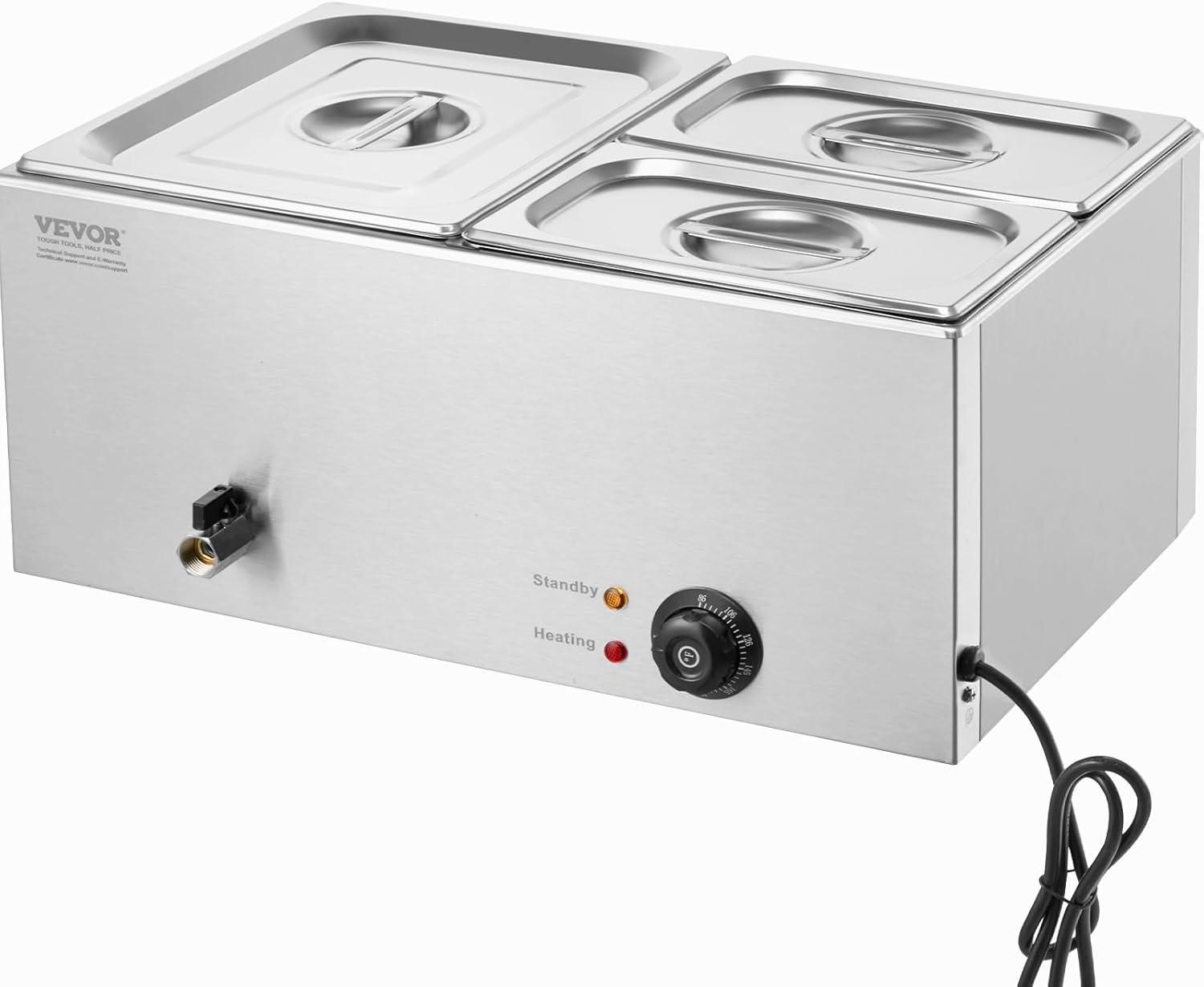 VEVOR 3-Pan Commercial Food Warmer, 17QT Electric Steam Table, 1200W Professional Countertop Stainless Steel Buffet Bain Marie with 86-185°F Temp Control for Catering and Restaurants, Silver