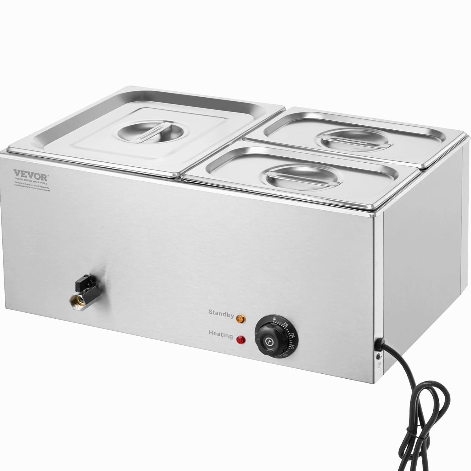 VEVOR 3-Pan Commercial Food Warmer, 17QT Electric Steam Table, 1200W Professional Countertop Stainless Steel Buffet Bain Marie with 86-185°F Temp Control for Catering and Restaurants, Silver
