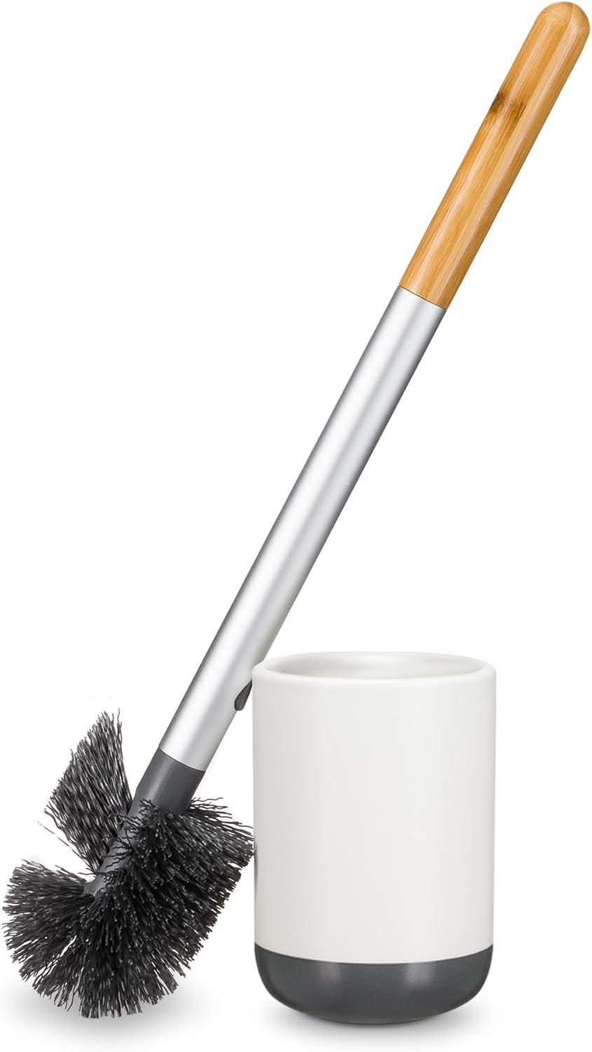 White Ceramic Toilet Brush with Bamboo Handle and Absorbent Disk