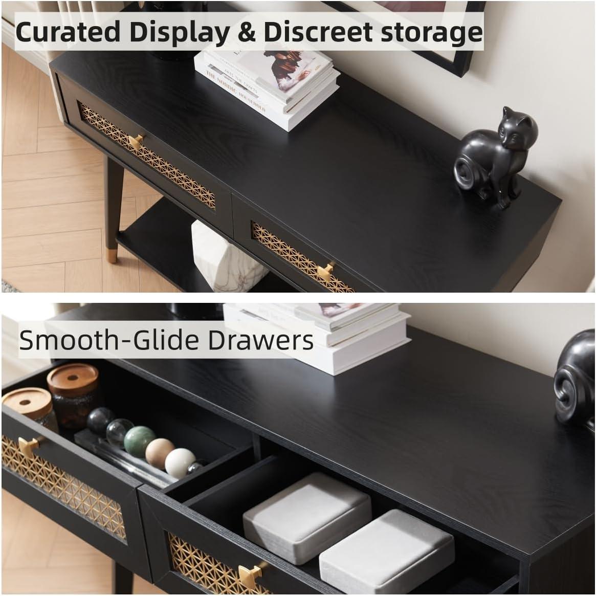 JYED Mid Century Modern Console Table with Gold Accent - 66" Entryway Table with Drawers, Faceted Taper Legs & Ventilated Storage for Hallway (Black)