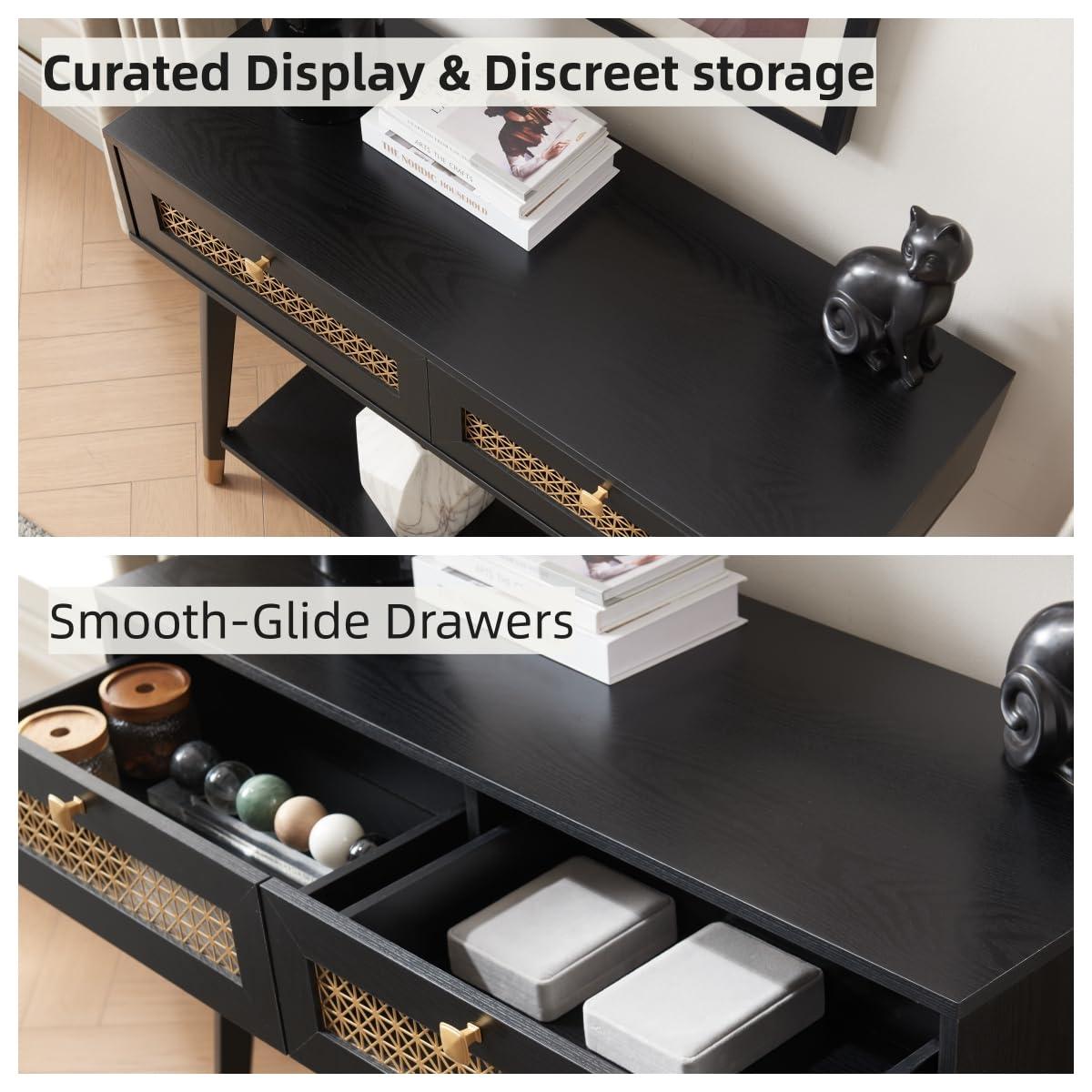 JYED Mid Century Modern Console Table with Gold Accent - 66" Entryway Table with Drawers, Faceted Taper Legs & Ventilated Storage for Hallway (Black)