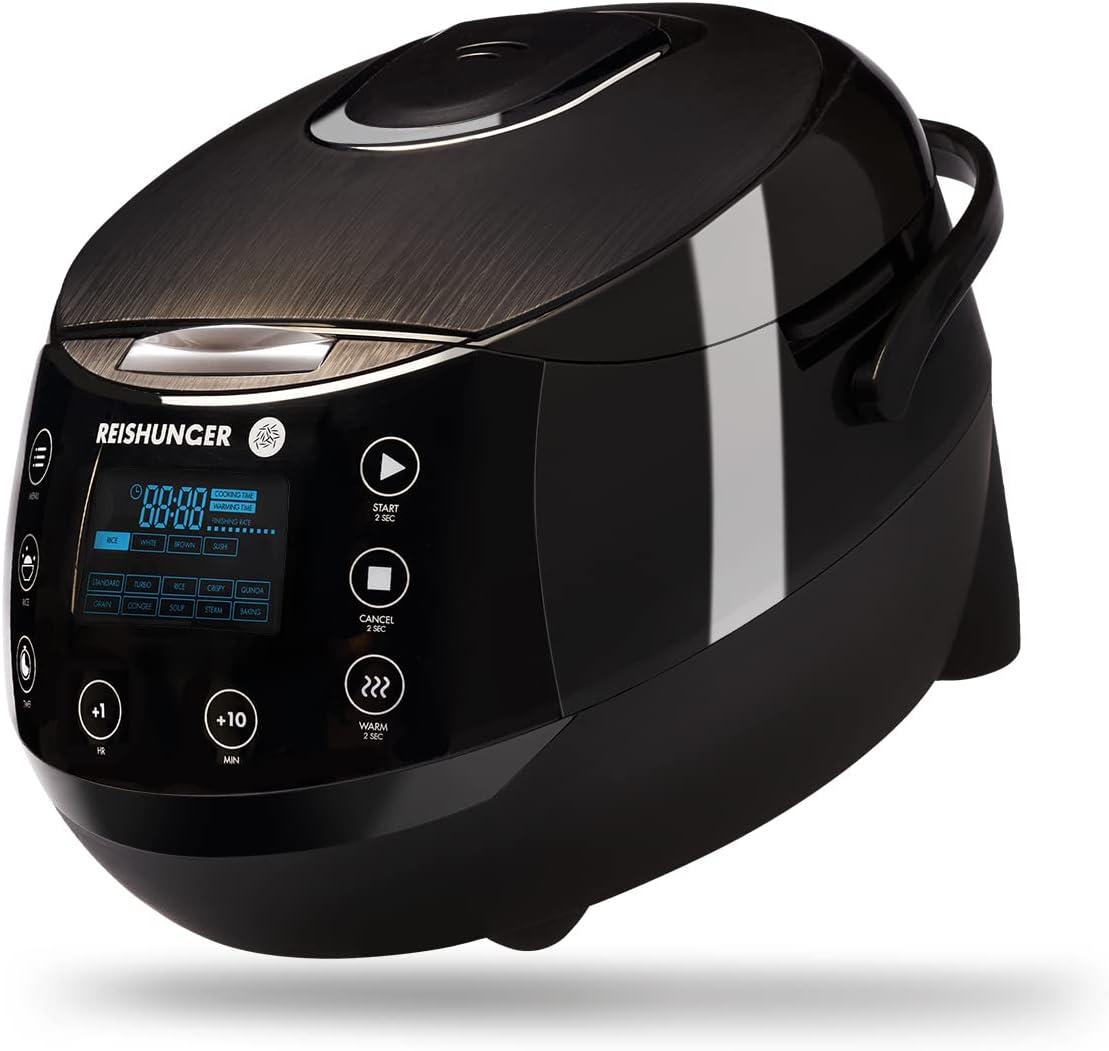 Reishunger Digital Rice Cooker and Steamer, Black, Timer - 8 Cups - Premium Inner Pot, Multi Cooker with 12 Programs & 7-Phase Technology for Brown Rice, Soups, Grains, Oatmeal & more - 1-8 People