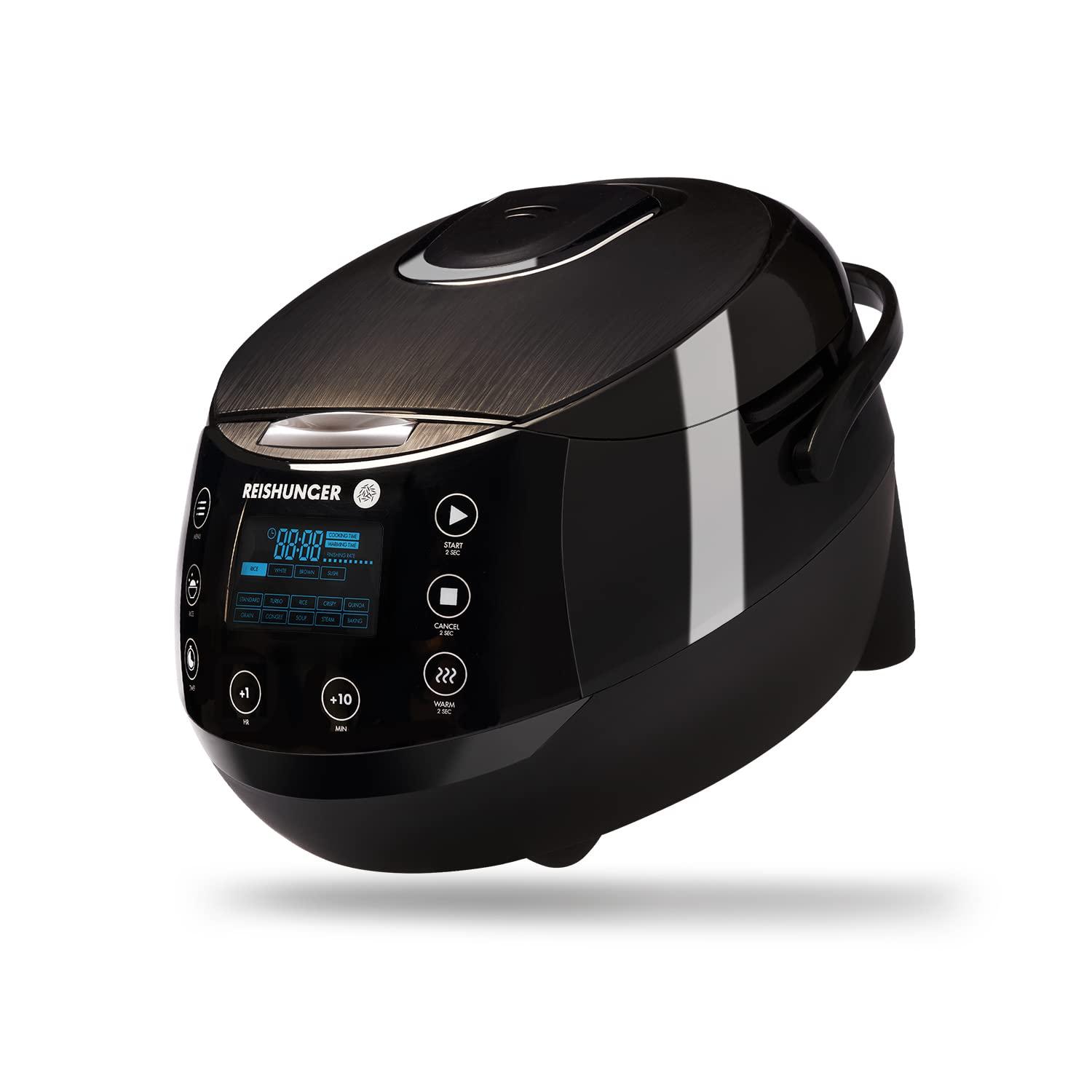 Reishunger Digital Rice Cooker and Steamer, Black, Timer - 8 Cups - Premium Inner Pot, Multi Cooker with 12 Programs & 7-Phase Technology for Brown Rice, Soups, Grains, Oatmeal & more - 1-8 People