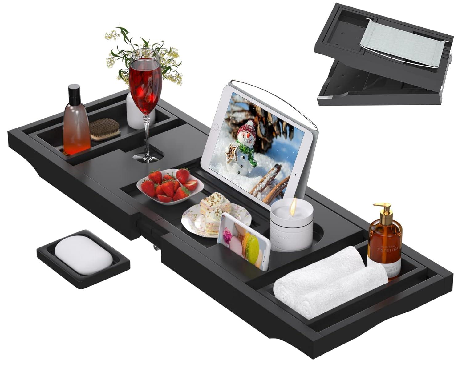 Artmalle Foldable Bathtub Tray for Tub, Bamboo Bathtub Caddy Tray Table with Book Stand for Luxury Bath, Bathroom Accessories for Women Men with Free Soap Dish (Semi-Simple, Natural) (Natural)