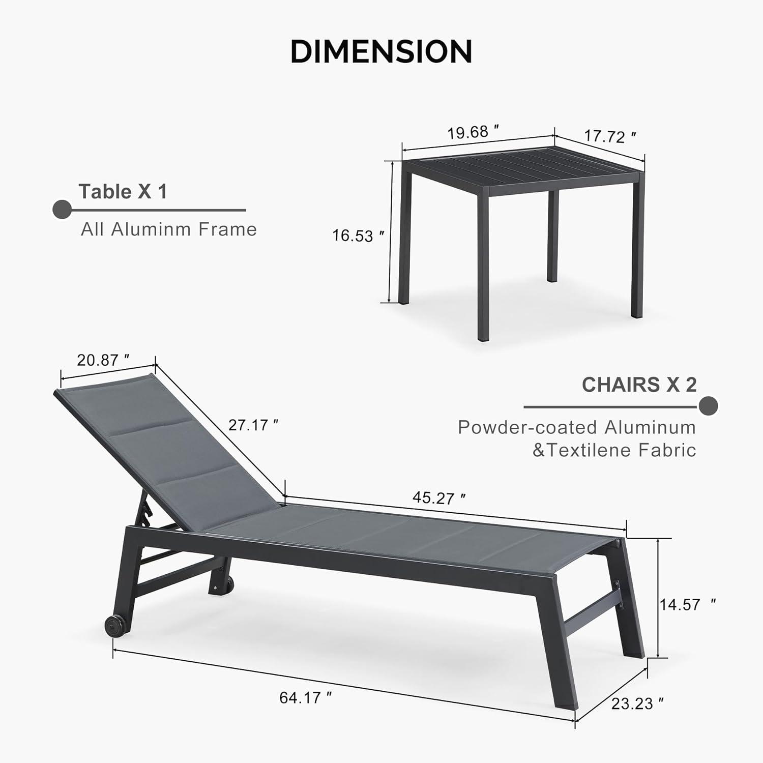 Gray Aluminum Outdoor Chaise Lounge Set with Side Table