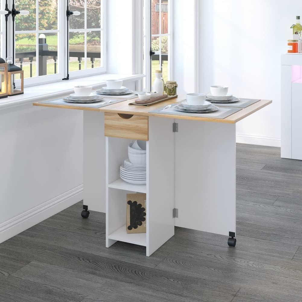Mobile Folding Dining Table, Drop Leaf Table with 1 Drawer and 2 Open Storage Shelves for Small Space Dining Room Kitchen, White & Red Oak