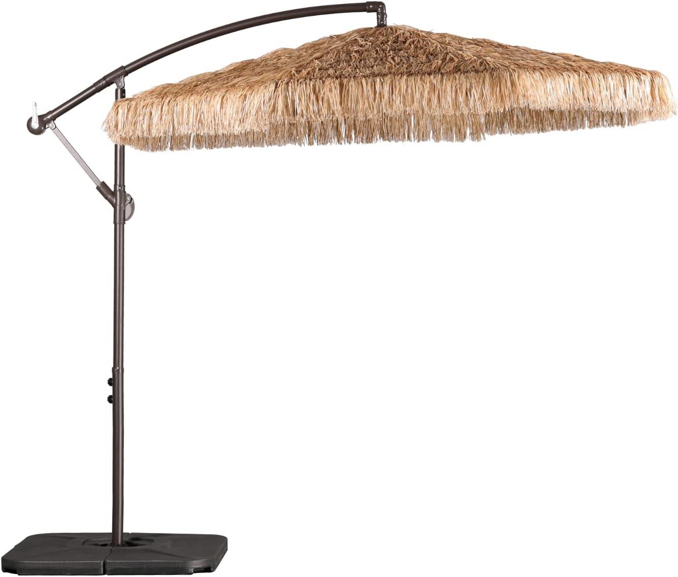 Aoodor 10FT Cantilever Tiki Thatch Patio Umbrella, Hand-Push Tilt Offset Umbrella for Outdoor, Natural Straw Look (No Base)