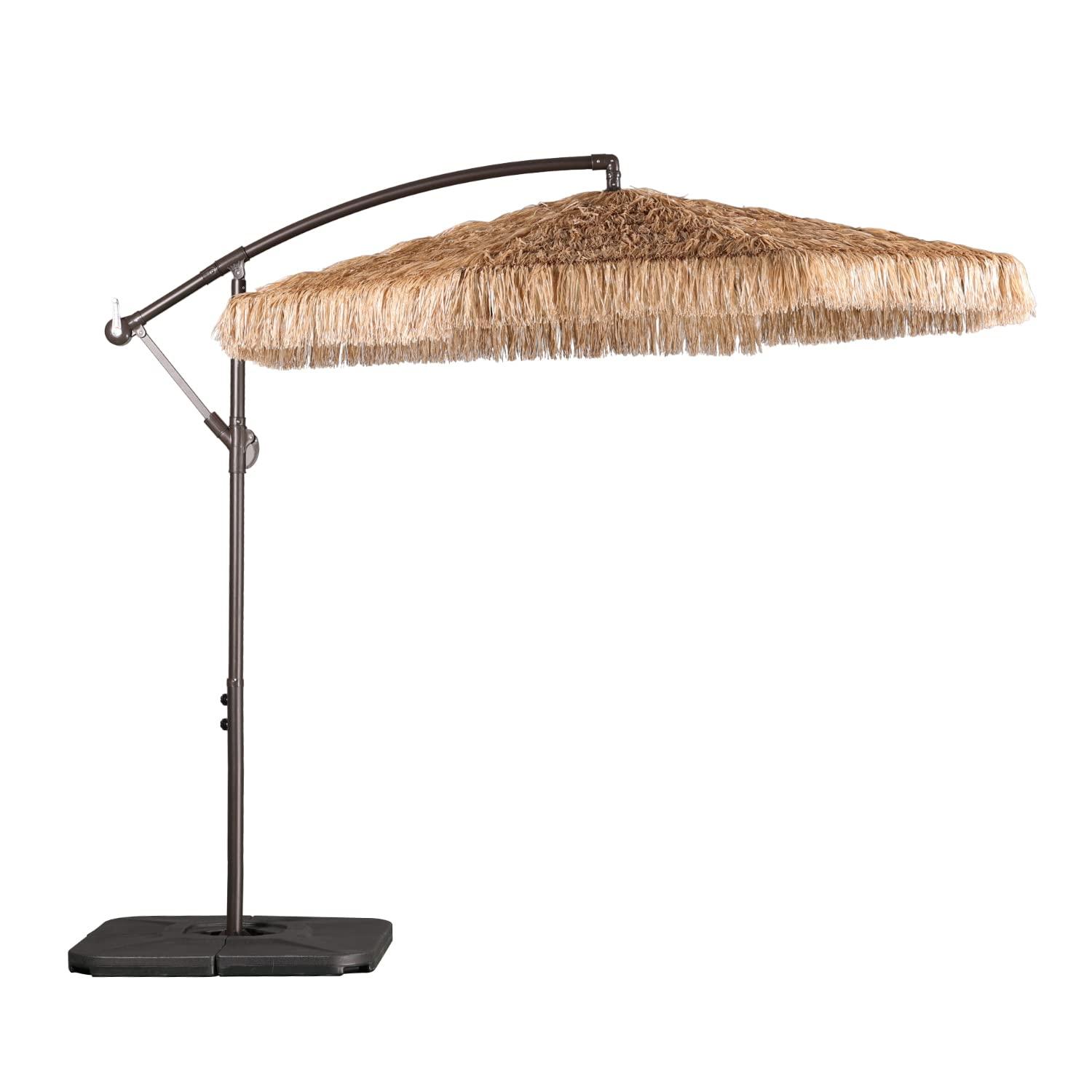 Aoodor 10FT Cantilever Tiki Thatch Patio Umbrella, Hand-Push Tilt Offset Umbrella for Outdoor, Natural Straw Look (No Base)