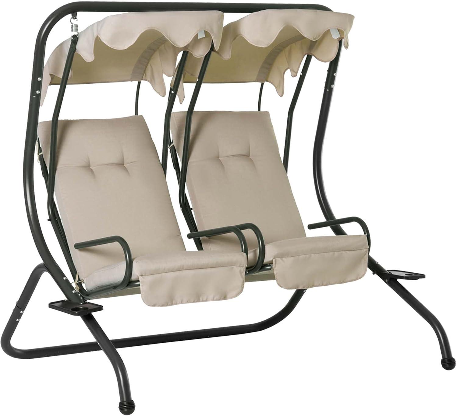 Outsunny Modern 2-Seater Outdoor Patio Swing Chair, Porch Seats with Cup Holder and Removeable Canopy, Beige