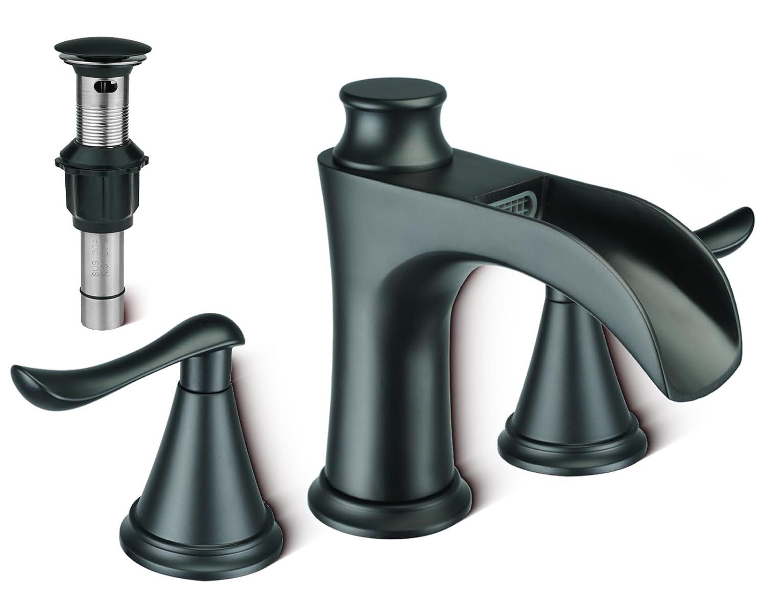 Bathroom Faucet 3 Hole Black, 8 inch Widespread Bathroom Faucet Waterfall Face Basin Faucet for Bathroom Sink, Matte Black (A.Matte Black)