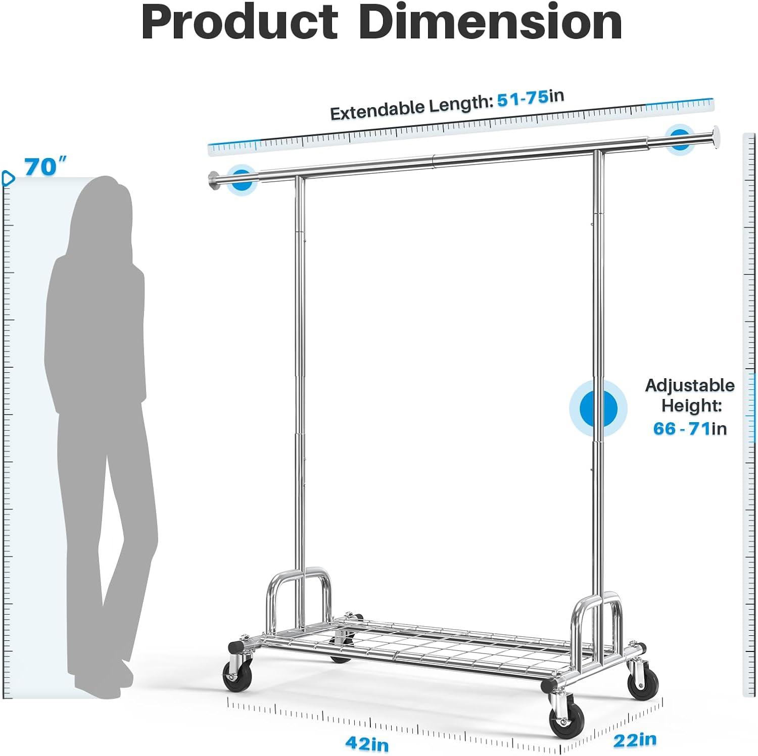 Chrome Heavy Duty Rolling Garment Rack with Shelves