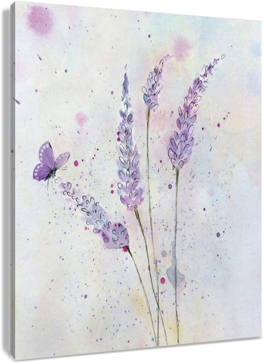 HVEST Lavender Canvas Wall Art Butterfly with Purple Flower Artwork Elegant Paintings for Living Room Bedroom Bathroom Wall Decor,Stretched and Framed Ready to Hang,12x16 inches
