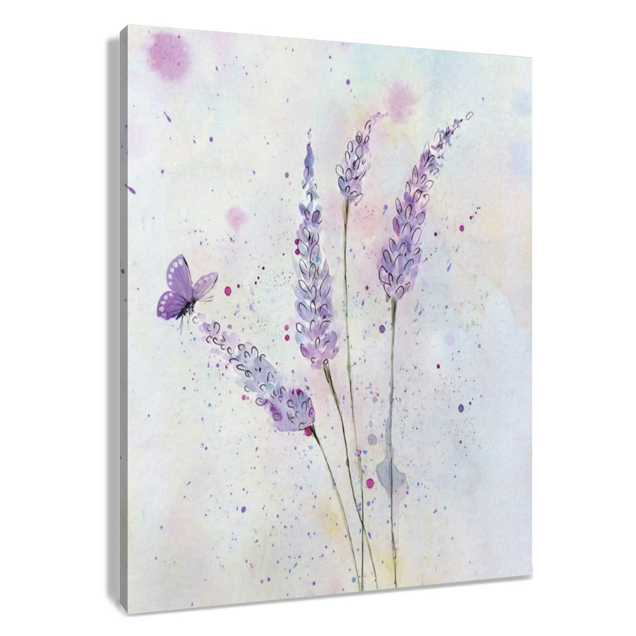 HVEST Lavender Canvas Wall Art Butterfly with Purple Flower Artwork Elegant Paintings for Living Room Bedroom Bathroom Wall Decor,Stretched and Framed Ready to Hang,12x16 inches