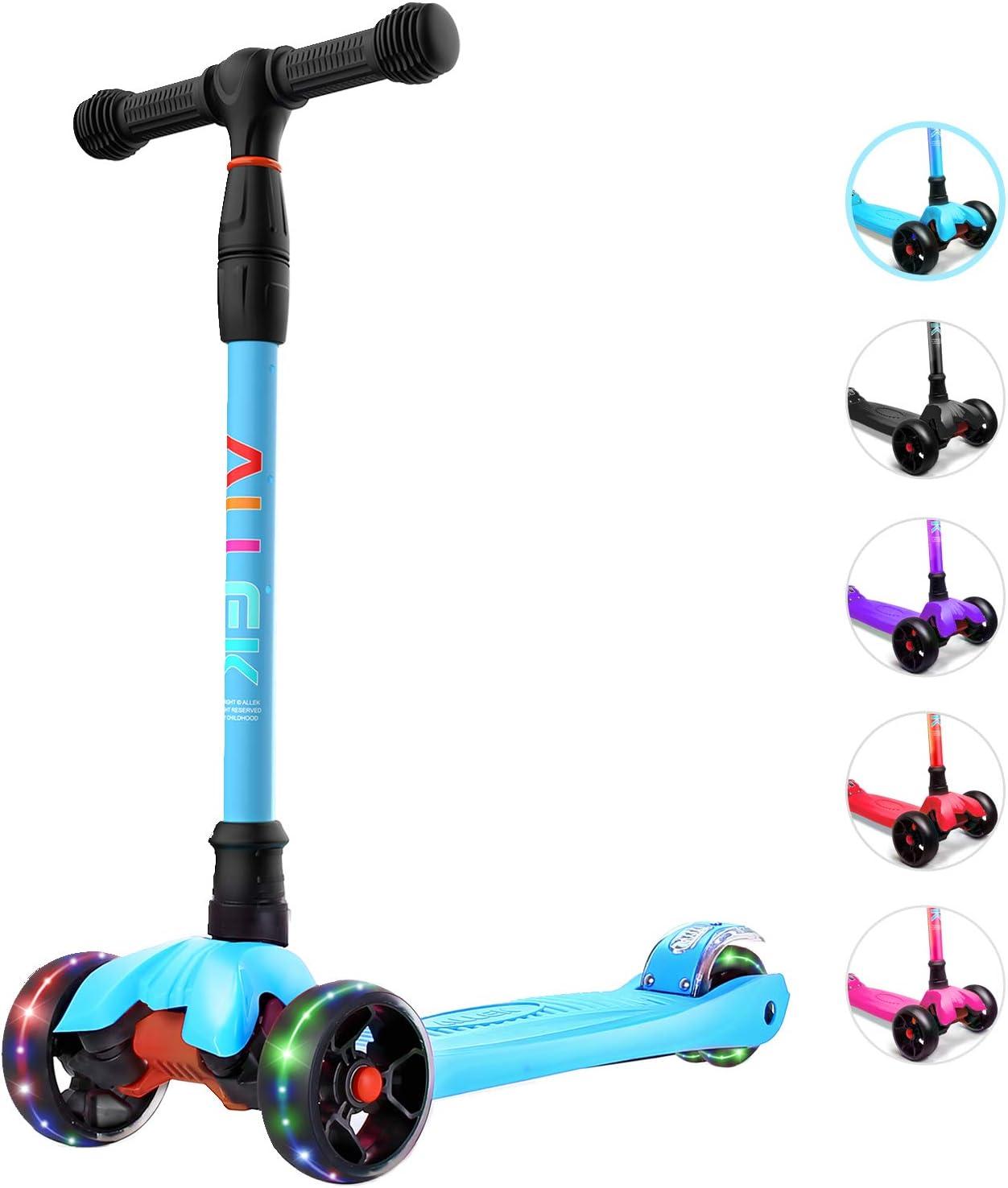 Allek Kick Scooter B02 with Light-Up Wheels and 4 Adjustable Heights for Children from 3-12yrs (Aqua Blue)