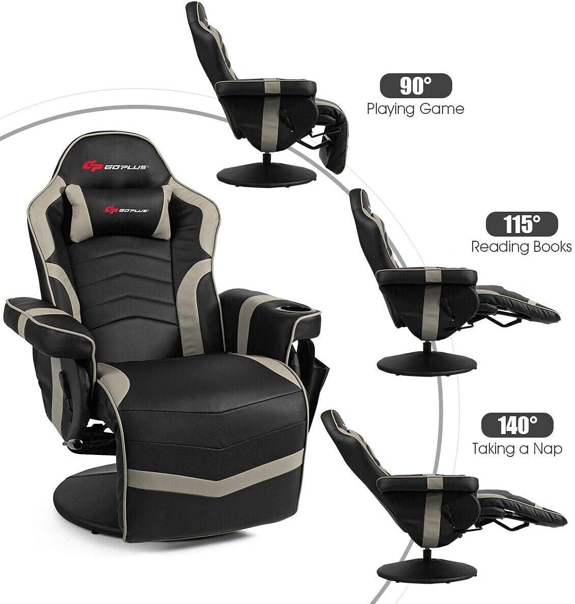 Costway Massage Gaming Recliner Reclining Racing Chair Swivel Gray