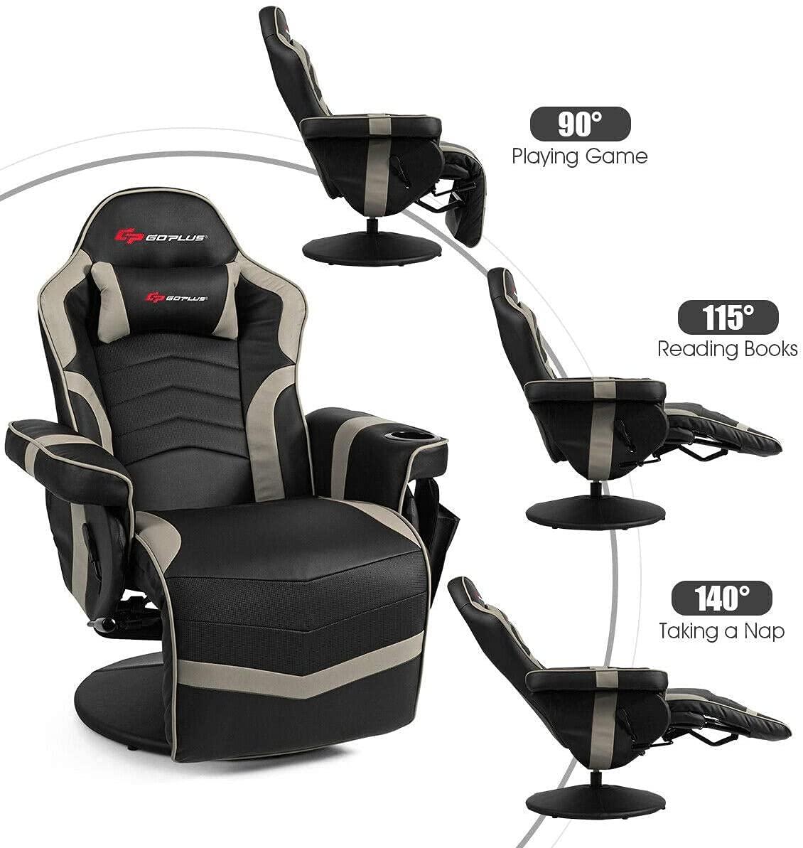 Costway Massage Gaming Recliner Reclining Racing Chair Swivel Gray