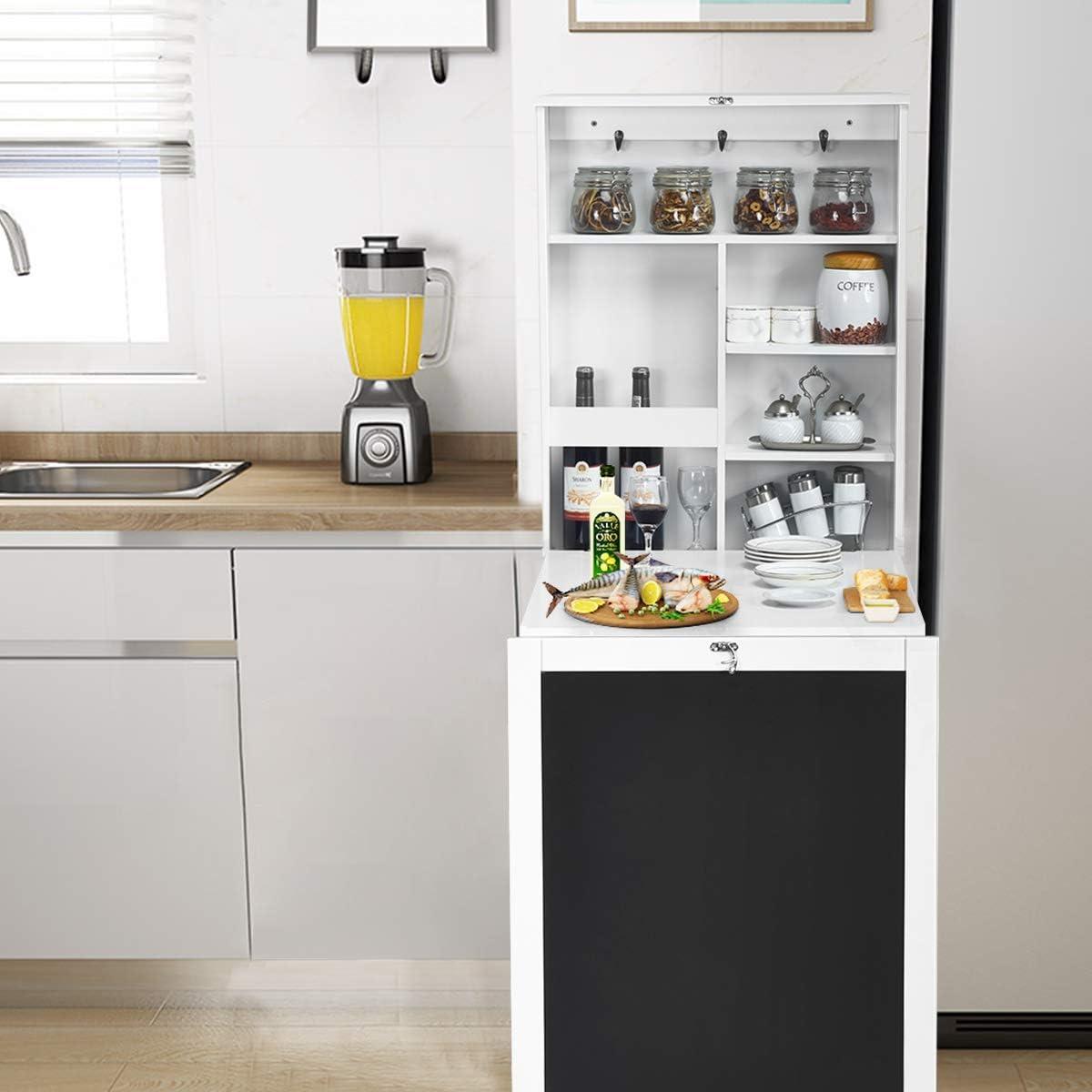 Folding Wall Desk, Wall Mounted Fold Out Table with Storage Shelves & Hooks, Hideaway Desk with Chalkboard, Floating Corner Desk for Small Spaces (White)