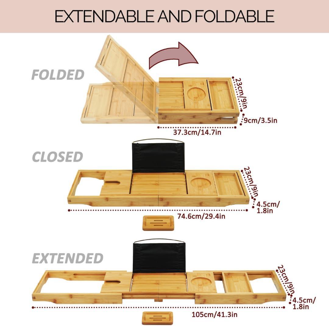 THE GLAMOUR BOUTIQUES Foldable Bamboo Bathtub Tray Caddy - Expandable Bath Tray For Tub | Secure, Non-Slip Bathtub Caddy Tray For Tub For Bath Accessories, Bath Stuff â€“ Perfect Relaxing Gifts And Spa Gift Set