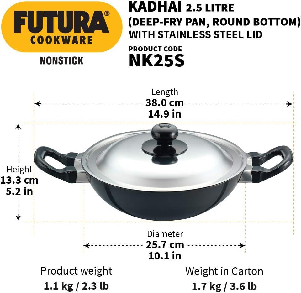 Hawkins Futura 2.5L Kadhai Fry Pan with Steel Lid: Anodized Aluminum, Gas Compatible, Hand Wash, 2-Piece Set