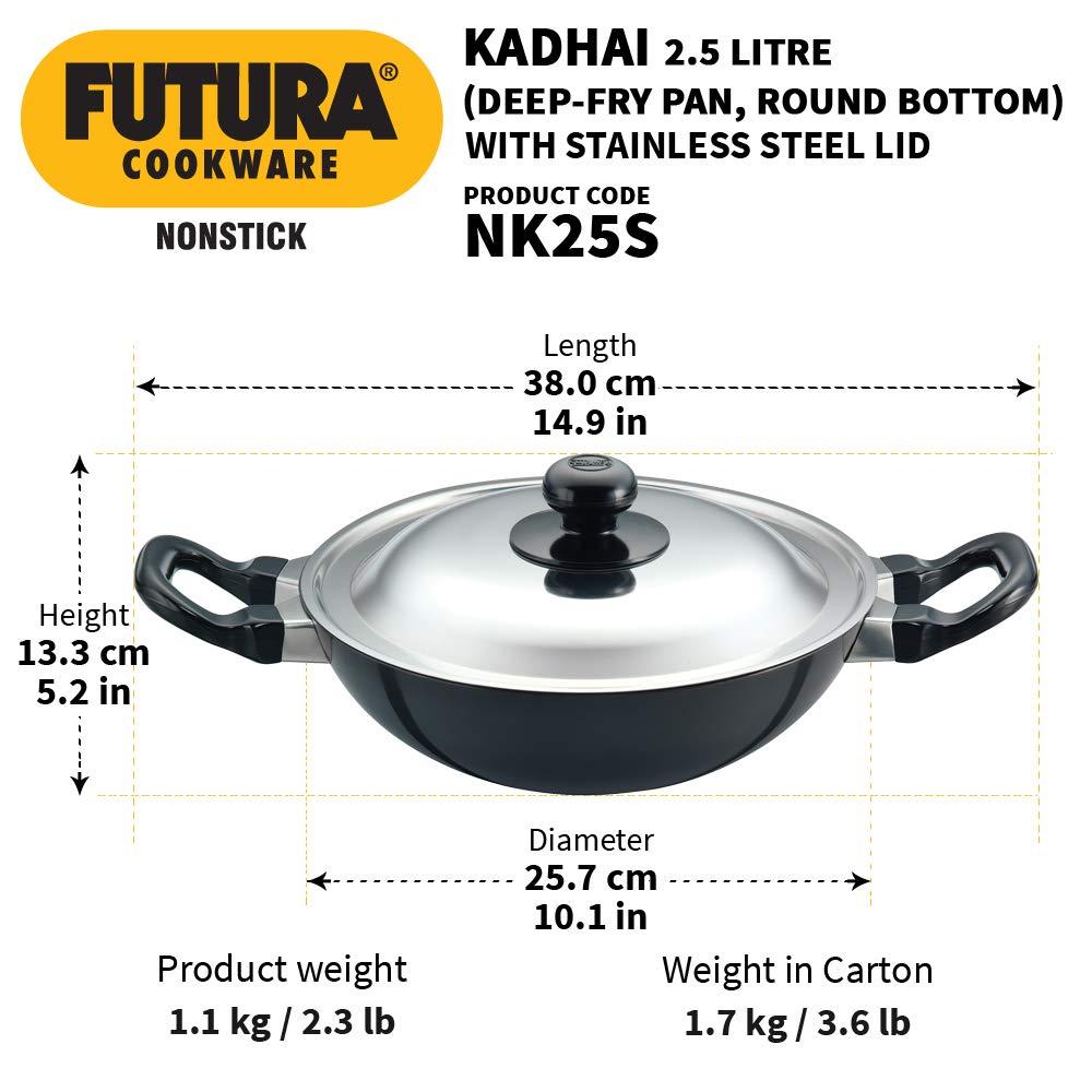 Hawkins Futura 2.5L Kadhai Fry Pan with Steel Lid: Anodized Aluminum, Gas Compatible, Hand Wash, 2-Piece Set