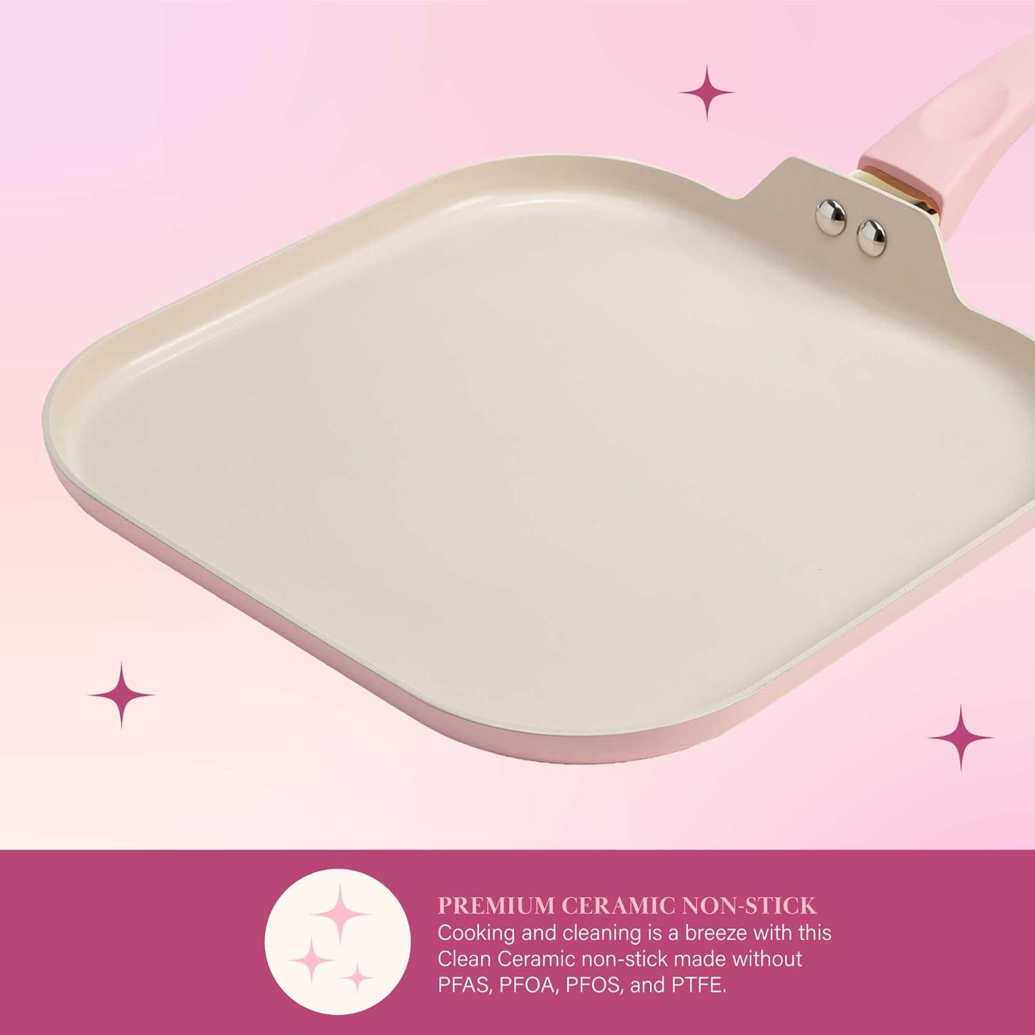 Pink Ceramic Nonstick Breakfast Cookware Set with Heart Shapes, 4-Piece
