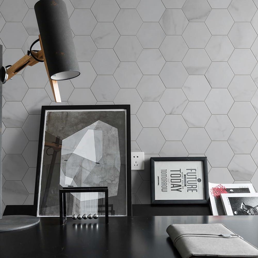 Hexagon White Stone Composite Peel and Stick Backsplash Tiles