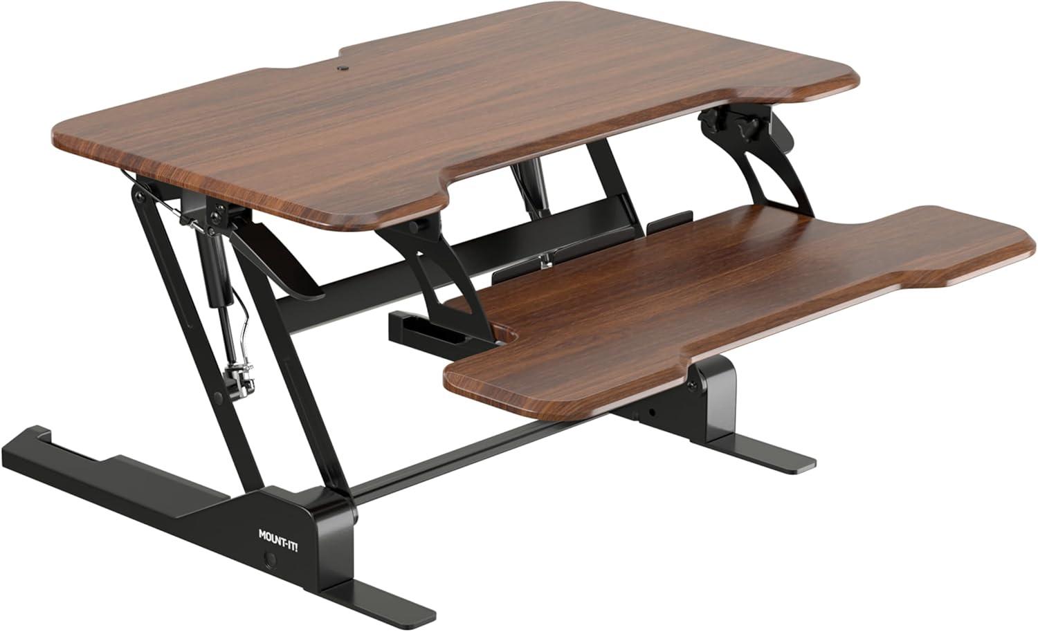 Mount-It! Compact Standing Desk Converter with 30" Desktop, Dark Walnut Woodgrain