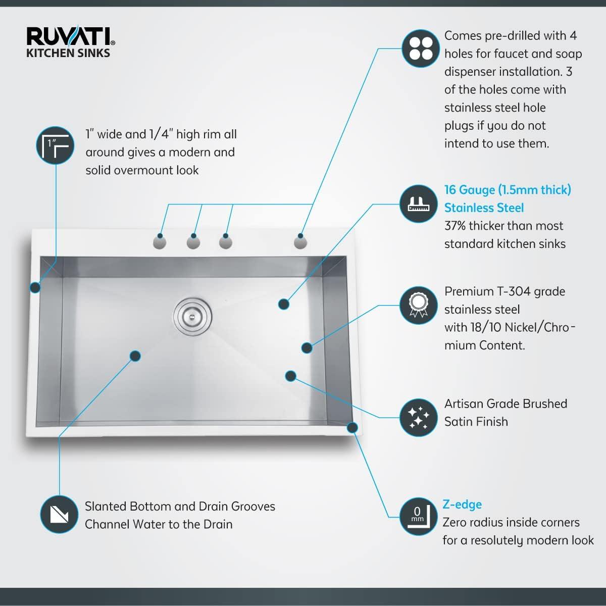 Ruvati 33 x 22 inch Drop-in Topmount Zero Radius Stainless Steel Kitchen Sink Single Bowl - 4 holes